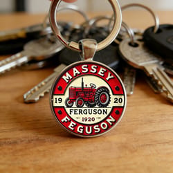 vintage tractor keychain red cream metal keyring for farmers