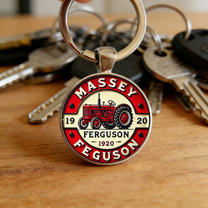 Vintage Tractor Keychain Red Cream Metal Keyring For Farmers 0