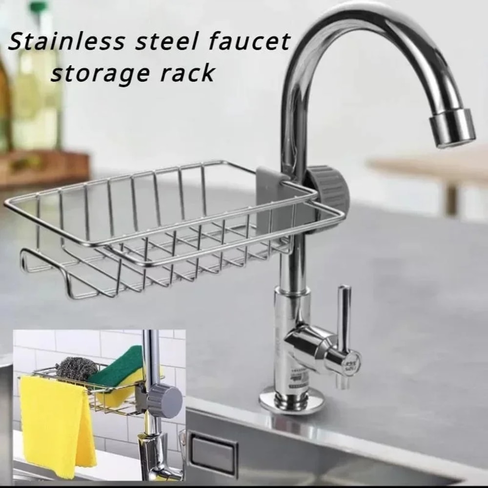 Premium Stainless Steel Kitchen Sink Organizer Rack Hanging Faucet Shelf & Sponge Holder