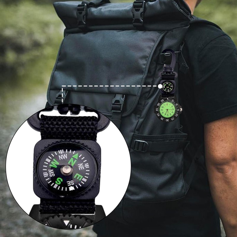 Outdoor Carabiner Pocket Watch With Glow Compass Waterproof Quartz 2