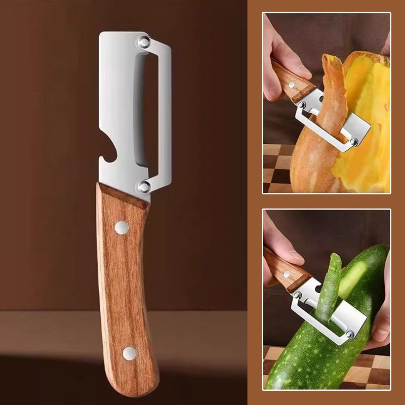 Wooden Handle Vegetable Peeler with Bottle Opener and Fruit Slicer