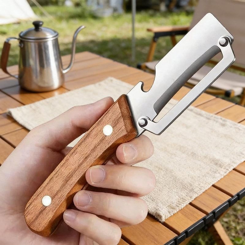 Wooden Handle Vegetable Peeler with Bottle Opener and Fruit Slicer