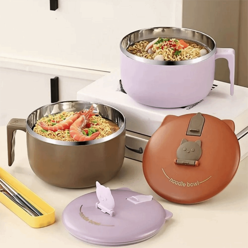 Japanese Style Stainless Steel Noodle Bowl With Lid For Dorms And Lunch 0