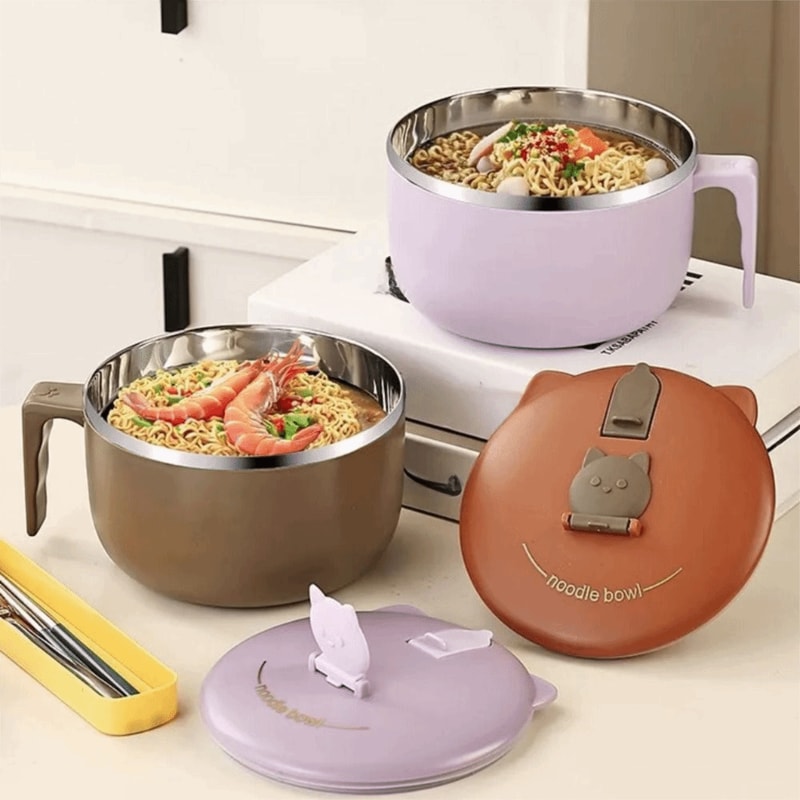 Japanese Style Stainless Steel Noodle Bowl With Lid For Dorms And Lunch 0