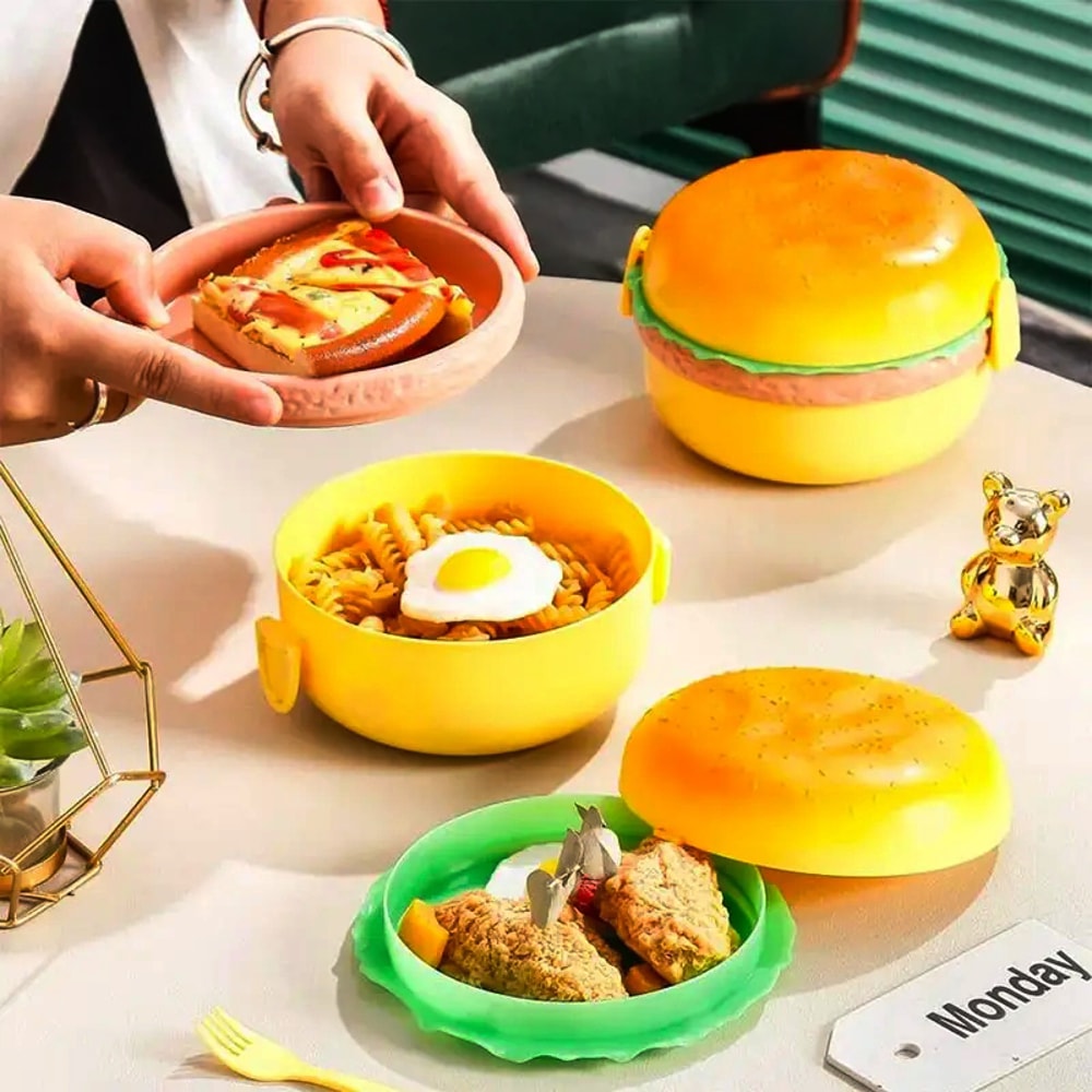 Double Tier Cute Burger Lunch Box For Kids Microwave Safe Bento Box 2