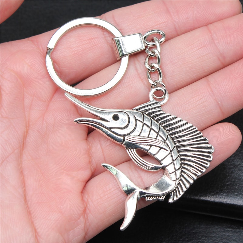 Vintage Silver Swordfish Keychain Pendant for Men Antique Jewelry Gift