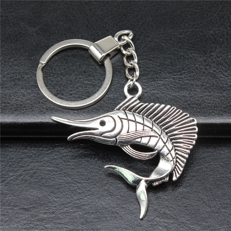 Vintage Silver Swordfish Keychain Pendant for Men Antique Jewelry Gift