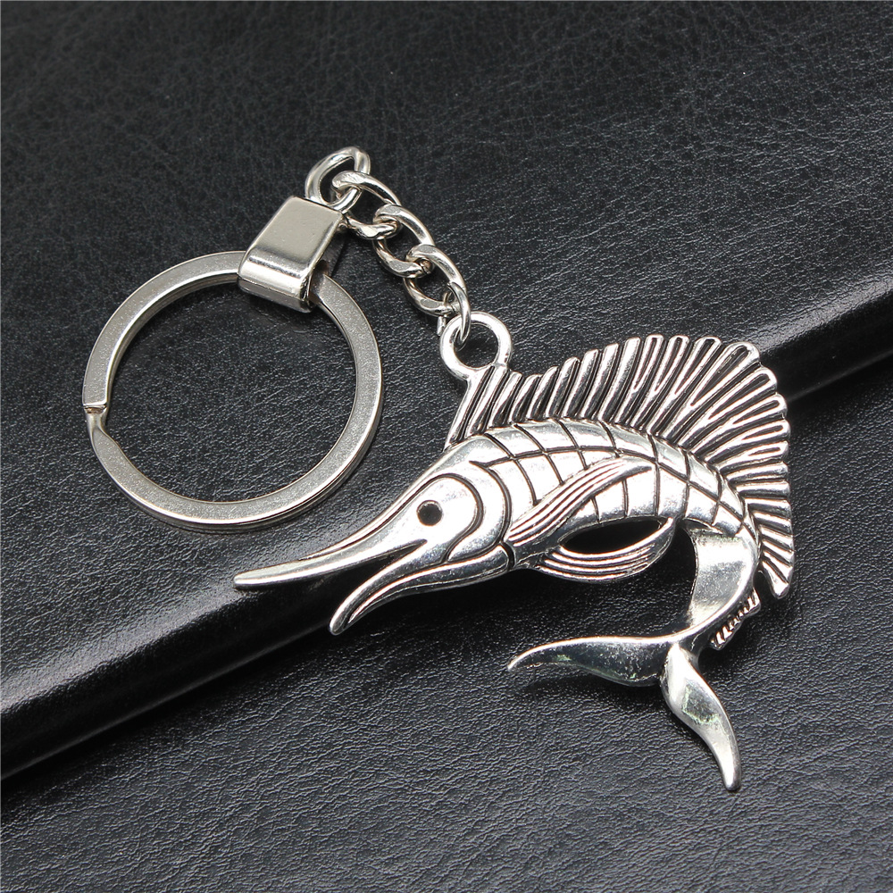 Vintage Silver Swordfish Keychain Pendant for Men Antique Jewelry Gift