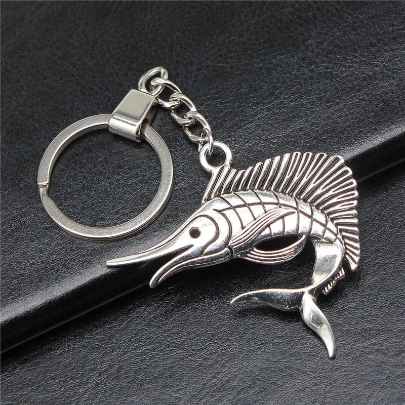 Vintage Silver Swordfish Keychain Pendant for Men Antique Jewelry Gift
