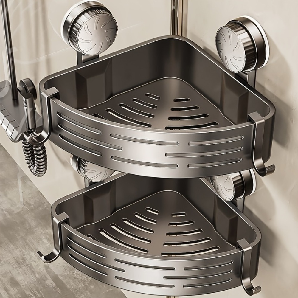 Triangular Suction Cup Bathroom Shelf with Hooks Space Saving Organizer