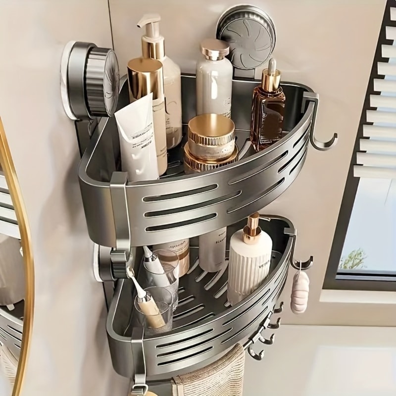 Triangular Suction Cup Bathroom Shelf with Hooks Space Saving Organizer