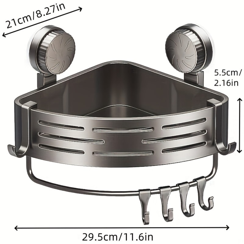 Triangular Suction Cup Bathroom Shelf with Hooks Space Saving Organizer
