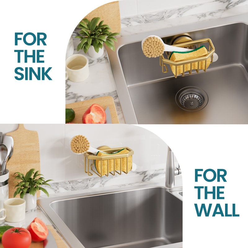 Rustproof Aluminum Sponge Holder For Kitchen Sink With Removable Suction Cup Brush Storage 4