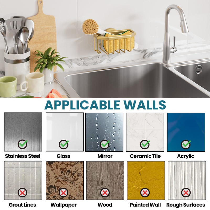 Rustproof Aluminum Sponge Holder For Kitchen Sink With Removable Suction Cup Brush Storage 5