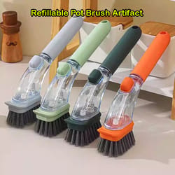 refillable soap dispensing dish brush with long handle scrubber & pot cleaning tool