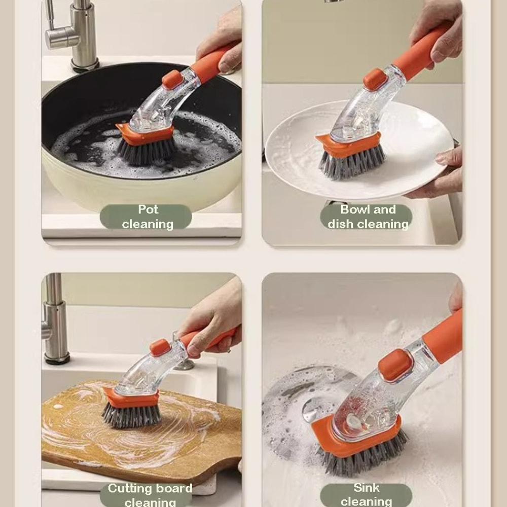 Refillable Soap Dispensing Dish Brush with Long Handle Scrubber & Pot Cleaning Tool