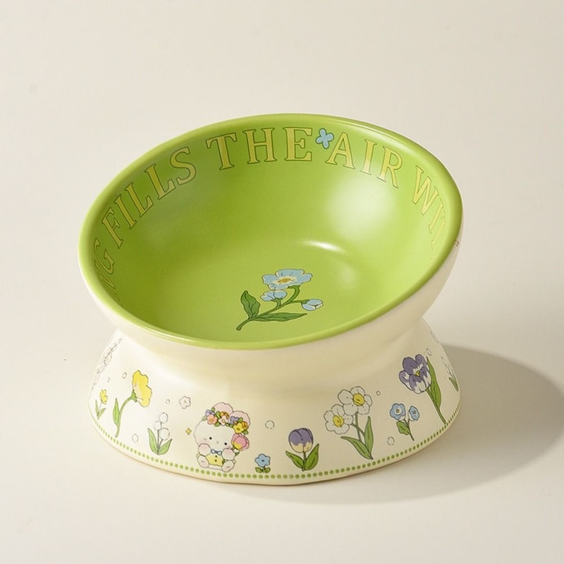 Green Rabbit Ceramic Cat Bowl With Elevated Non Slip Base 2