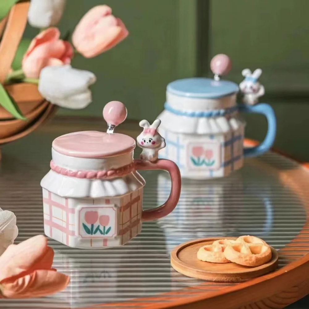 Rabbit Ceramic Coffee Mug With Spoon And Lid Cute Pottery Cup Set 0