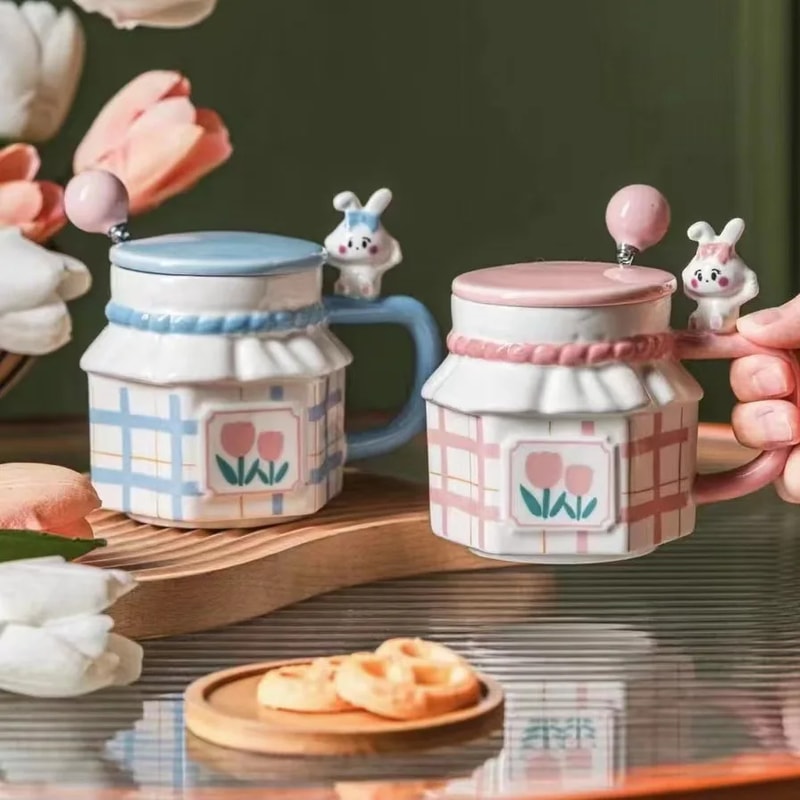 Rabbit Ceramic Coffee Mug With Spoon And Lid Cute Pottery Cup Set 1