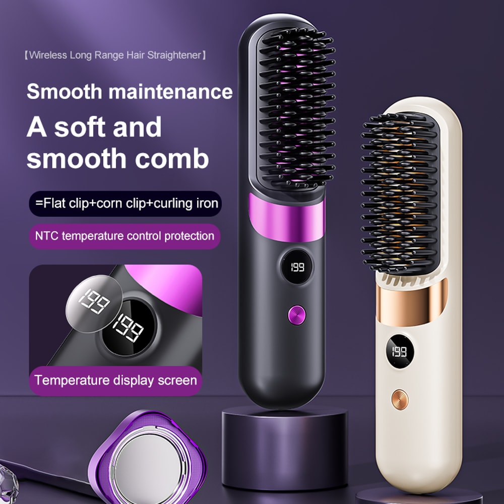 Portable Wireless Hair Straightener Brush Lightweight LED Hair Styling Tool 0