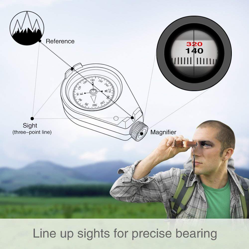 Precision Outdoor Compass Accurate, Waterproof, Shakeproof for Hiking & Camping