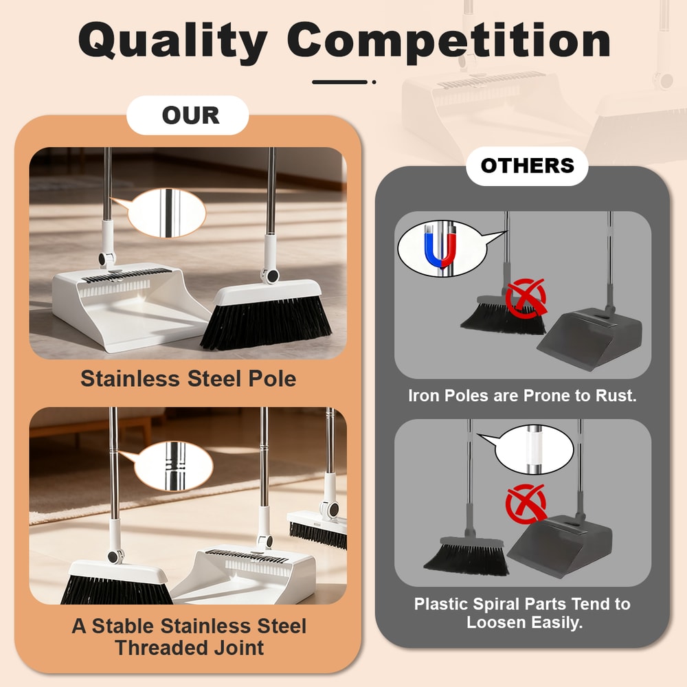 Long Handled Broom and Dustpan Set for Home & Office Cleaning