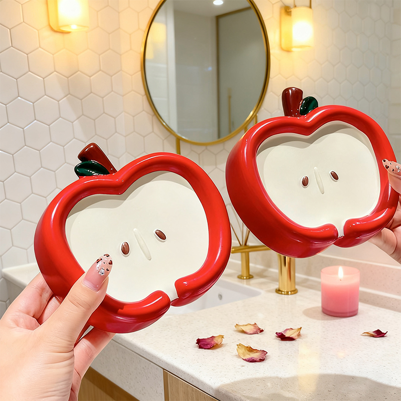 Apple Shaped Soap Dish with Drain Cute Bathroom Storage Rack