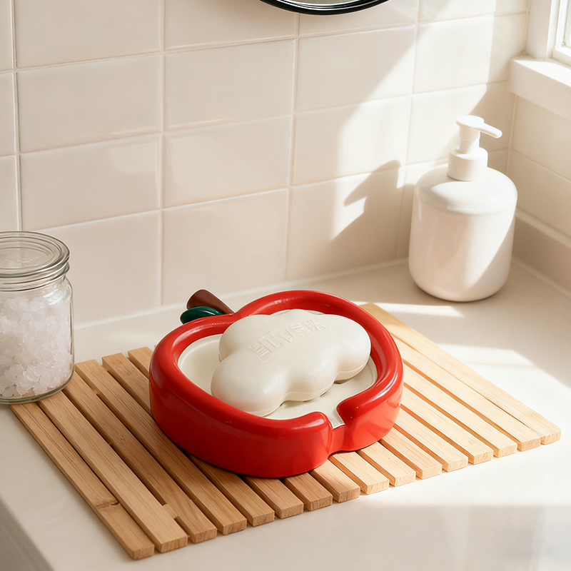 Apple Shaped Soap Dish with Drain Cute Bathroom Storage Rack