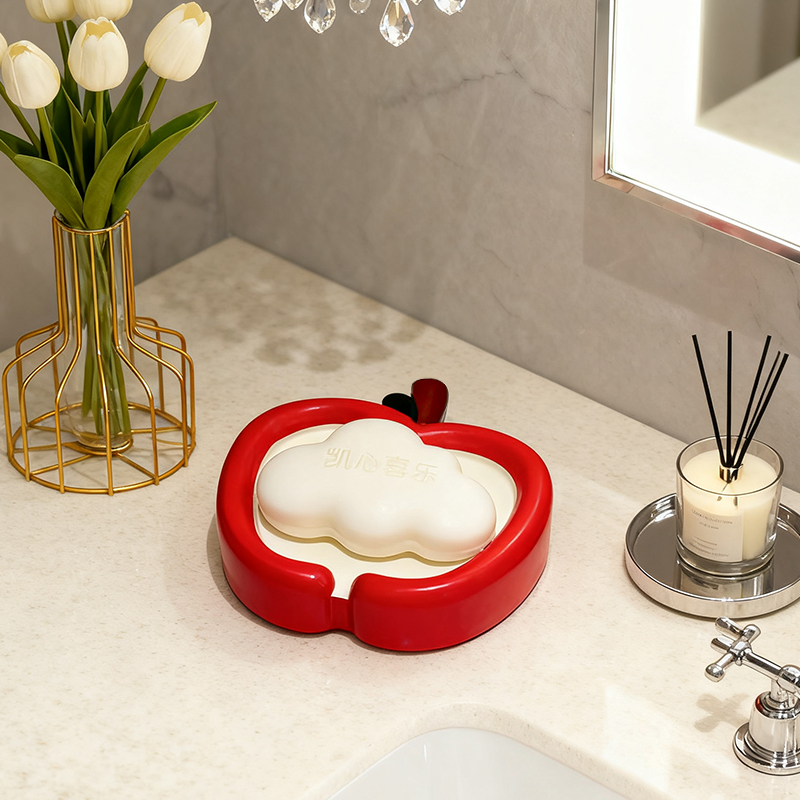 Apple Shaped Soap Dish with Drain Cute Bathroom Storage Rack