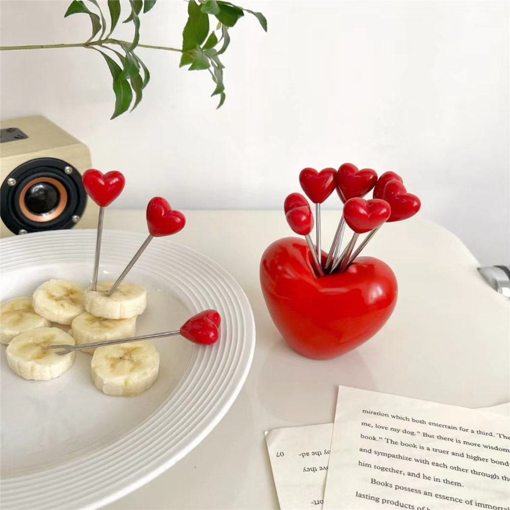 Cute Heart Shaped Stainless Steel Plastic Kids Fruit Fork Set 1
