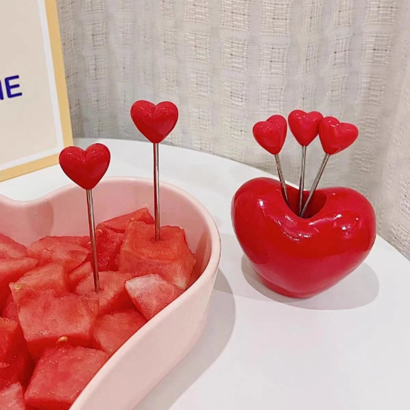 Cute Heart Shaped Stainless Steel Plastic Kids Fruit Fork Set 3