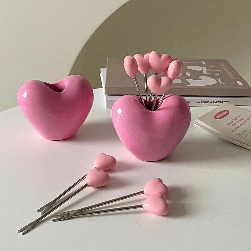 Cute Heart Shaped Stainless Steel Plastic Kids Fruit Fork Set 4
