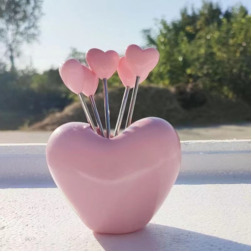Cute Heart Shaped Stainless Steel Plastic Kids Fruit Fork Set 7