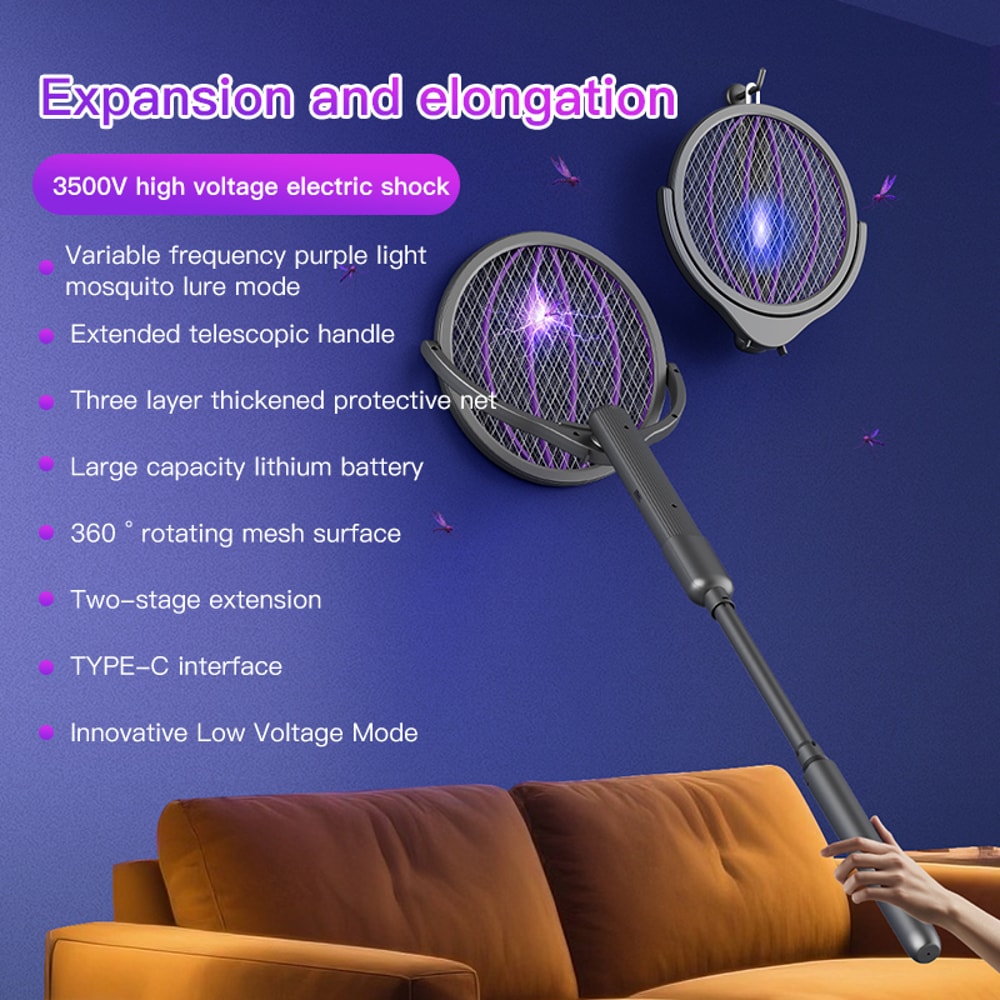 Rotating Head Bug Zapper Racket and Electric Fly Swatter