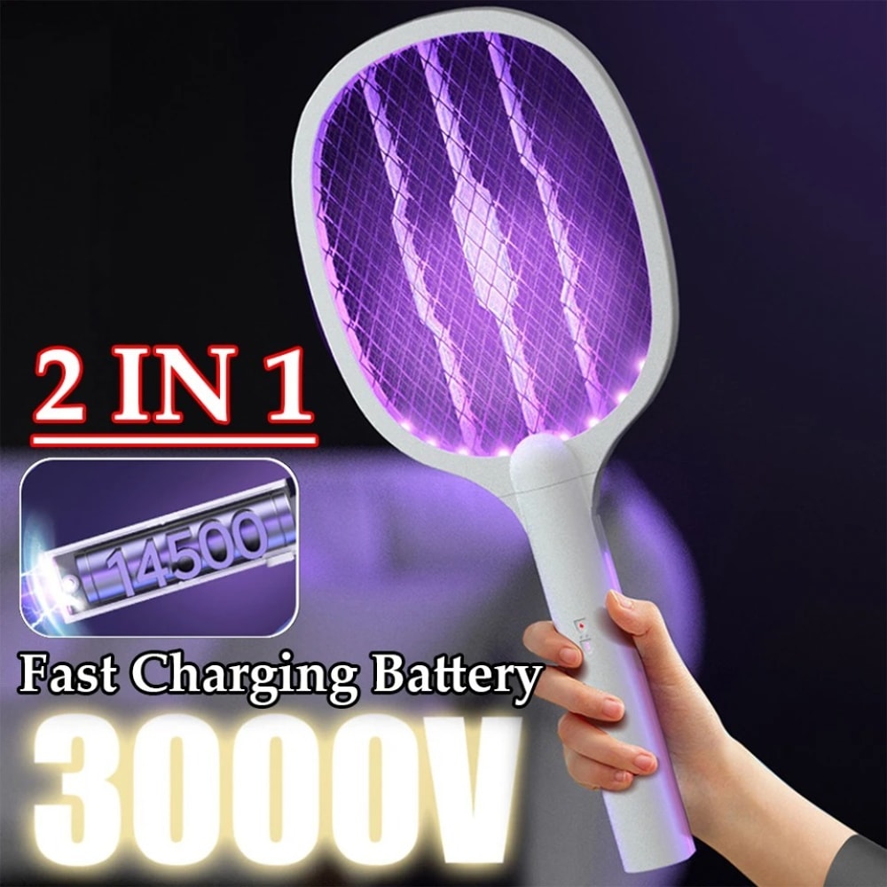 USB Rechargeable Handheld Electric Fly Swatter & Mosquito Killer Lamp Bug Zapper Racket