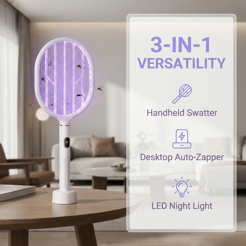 Smart Electric Mosquito Zapper with LED Display & Rechargeable Mosquito Racket Base