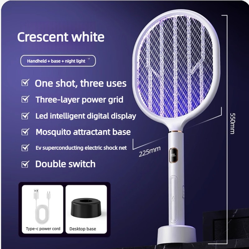 Smart Electric Mosquito Zapper with LED Display & Rechargeable Mosquito Racket Base