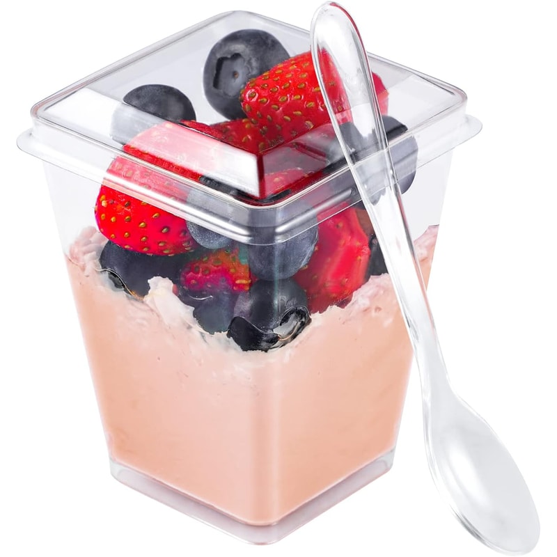 Premium Clear Plastic Dessert Cups With Lids Spoons Pudding Party Serving Cups 7