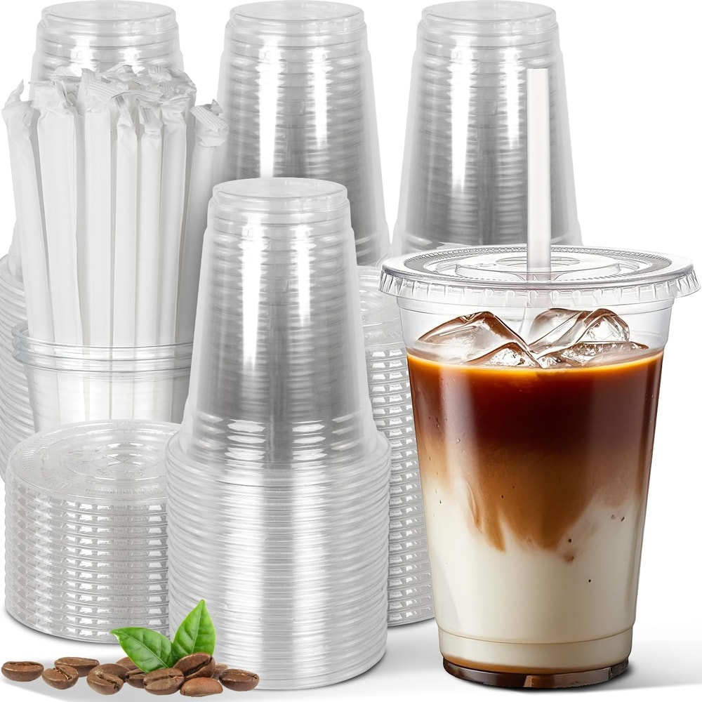 Clear Plastic Disposable Cups With Lids And Straws For Iced Coffee And Smoothies 0