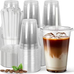 clear plastic disposable cups with lids and straws for iced coffee and smoothies