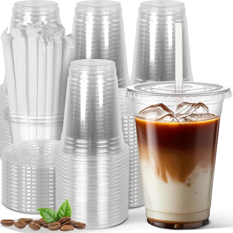 Clear Plastic Disposable Cups With Lids And Straws For Iced Coffee And Smoothies 0