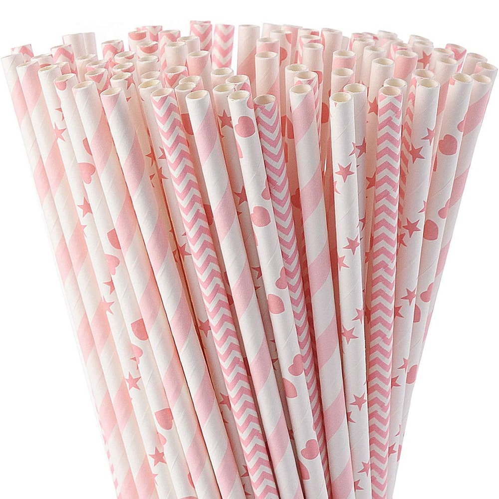 Pink Biodegradable Paper Straws for Parties, Weddings and Baby Showers