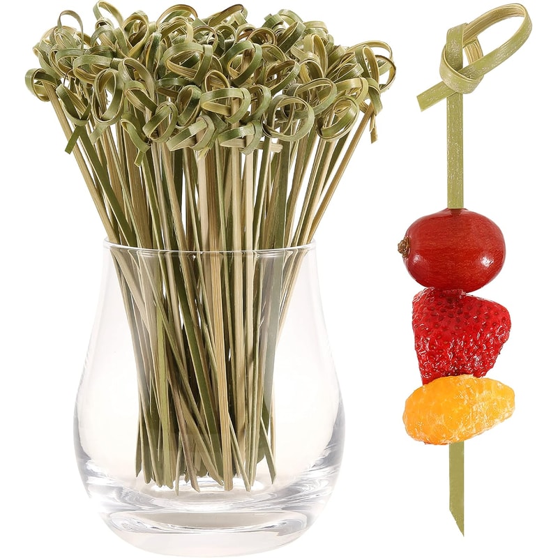 Natural Bamboo Cocktail Picks & Knot Skewers Garnish Sticks for Drinks, Fruit, Charcuterie