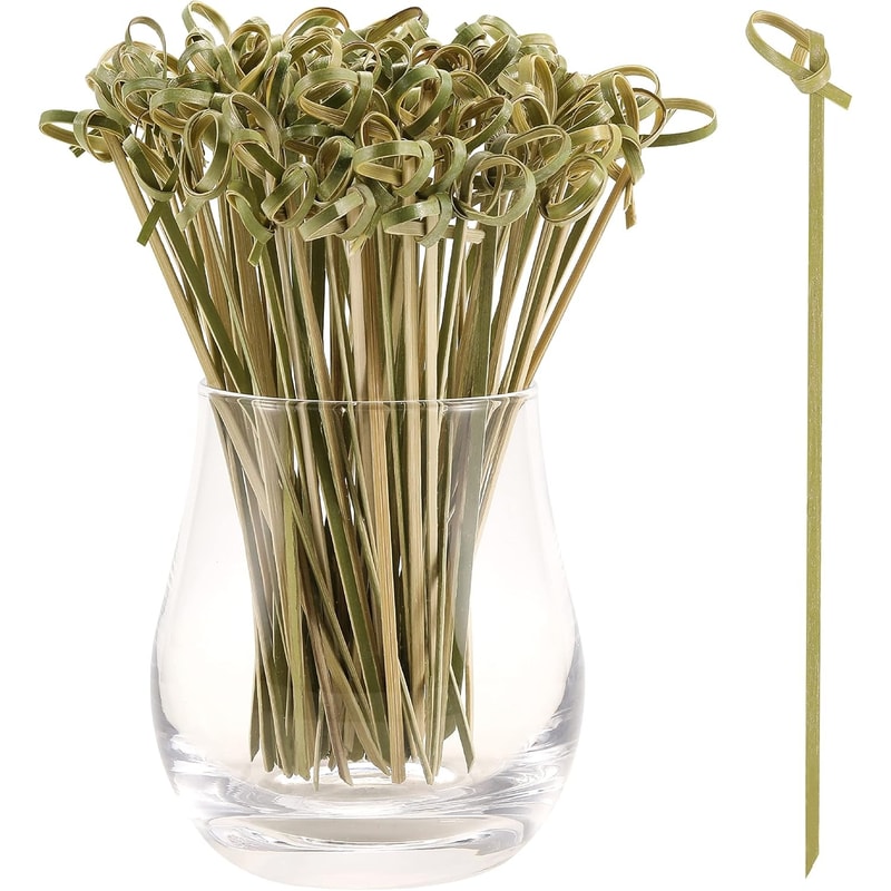Natural Bamboo Cocktail Picks & Knot Skewers Garnish Sticks for Drinks, Fruit, Charcuterie