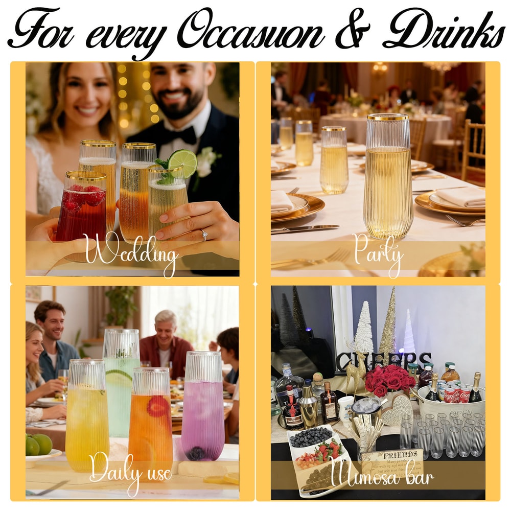 Clear Ribbed Stemless Plastic Champagne Flutes Disposable Party Glasses 2