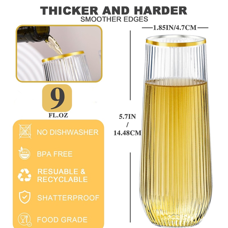 Clear Ribbed Stemless Plastic Champagne Flutes Disposable Party Glasses 3