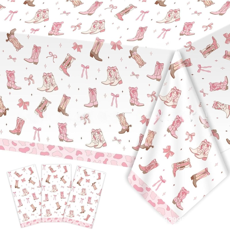 Pink Bow Cowgirl Birthday Tablecloth For Girls Western Party Decorations 0