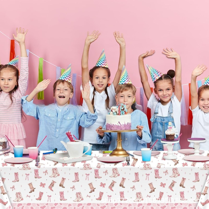 Pink Bow Cowgirl Birthday Tablecloth For Girls Western Party Decorations 3