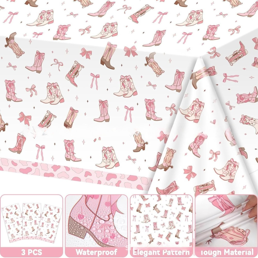 Pink Bow Cowgirl Birthday Tablecloth For Girls Western Party Decorations 4