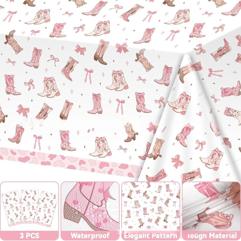 Pink Bow Cowgirl Birthday Tablecloth For Girls Western Party Decorations 4
